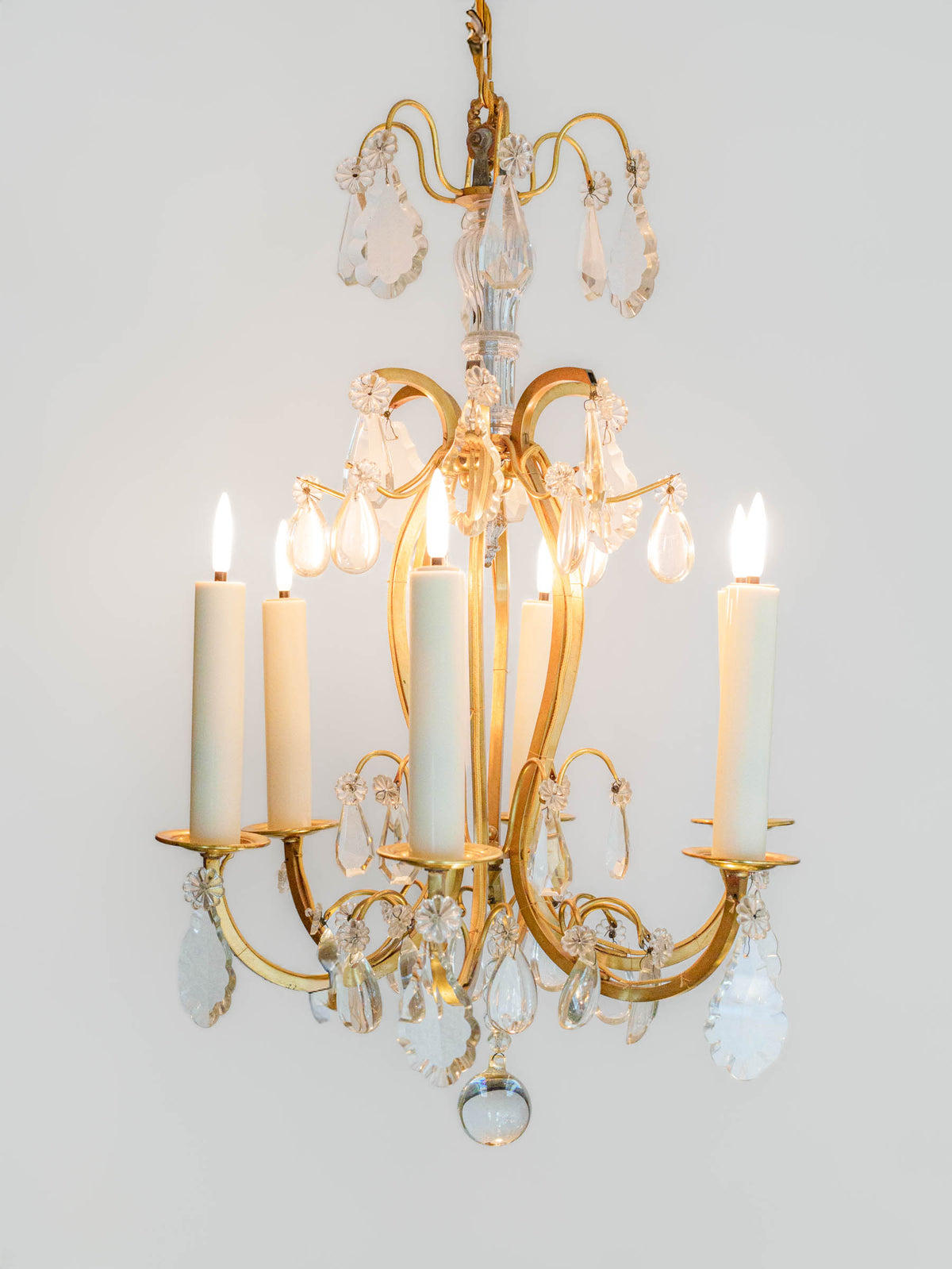 Graceful Mid-Century French Six-Light Gilt-Metal Chandelier w/ Glass Pendants - 29¼"