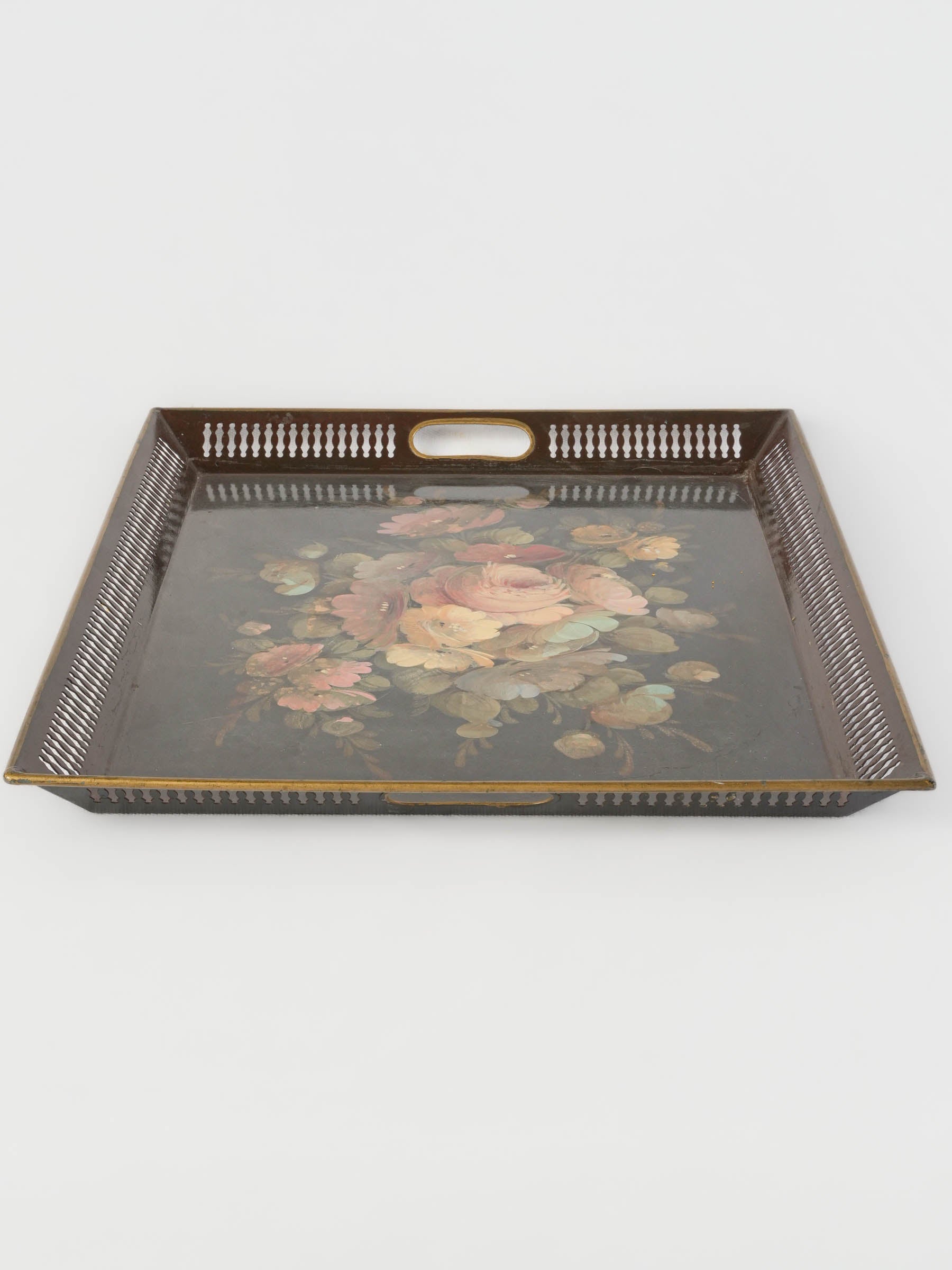 Handpainted French Napoléon III tôle tray w/ floral still life - 18" x 14¼"