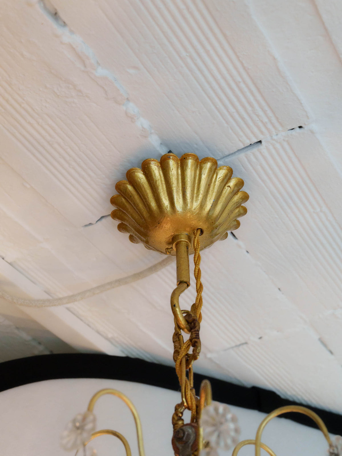 Graceful Mid-Century French Six-Light Gilt-Metal Chandelier w/ Glass Pendants - 29¼"