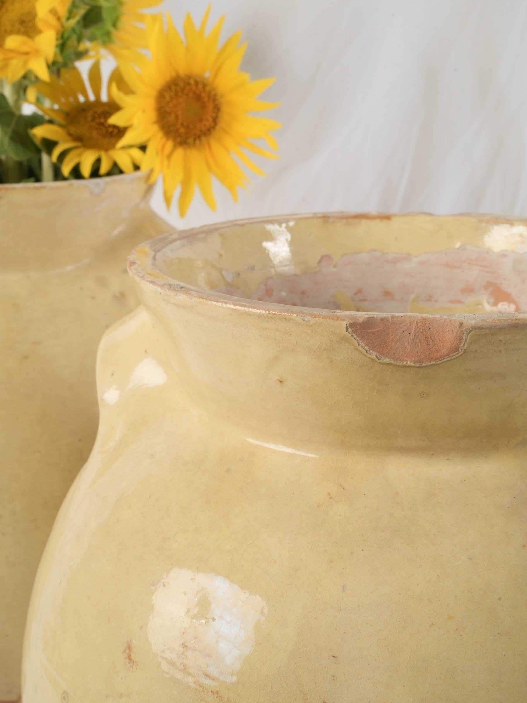 Rare pair of Large pale yellow glazed preserving crocks - 12½" x 11"