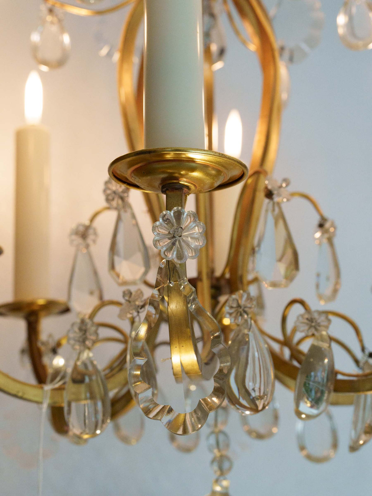 Graceful Mid-Century French Six-Light Gilt-Metal Chandelier w/ Glass Pendants - 29¼"
