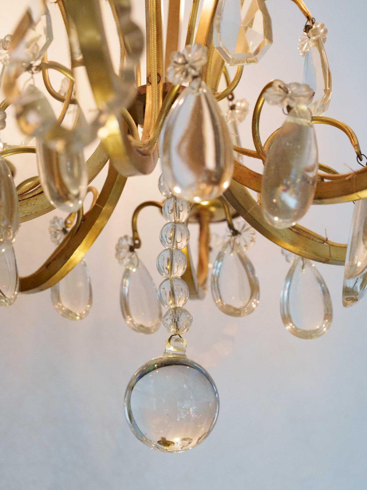 Graceful Mid-Century French Six-Light Gilt-Metal Chandelier w/ Glass Pendants - 29¼"