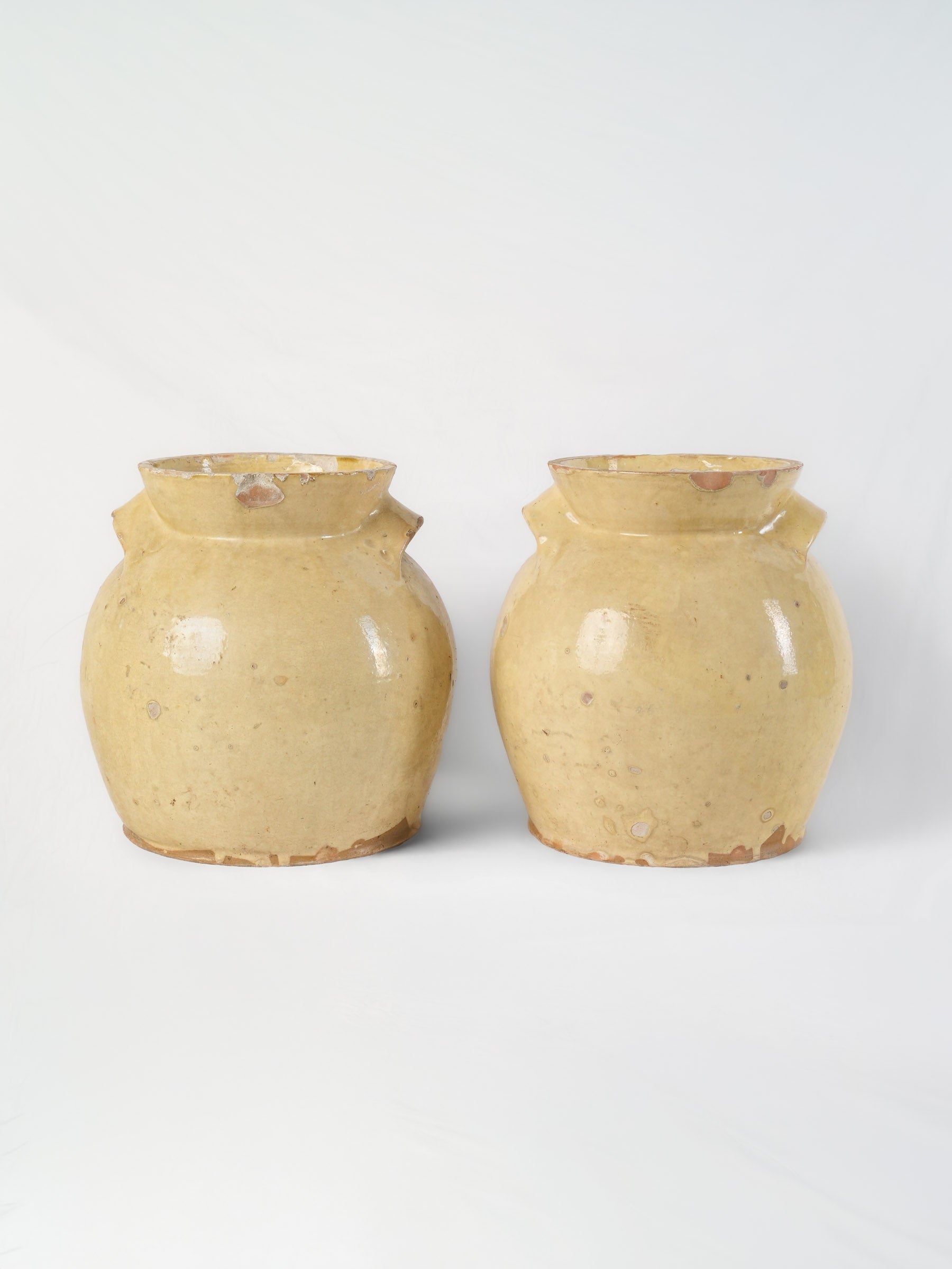 Rare pair of Large pale yellow glazed preserving crocks - 12½" x 11"