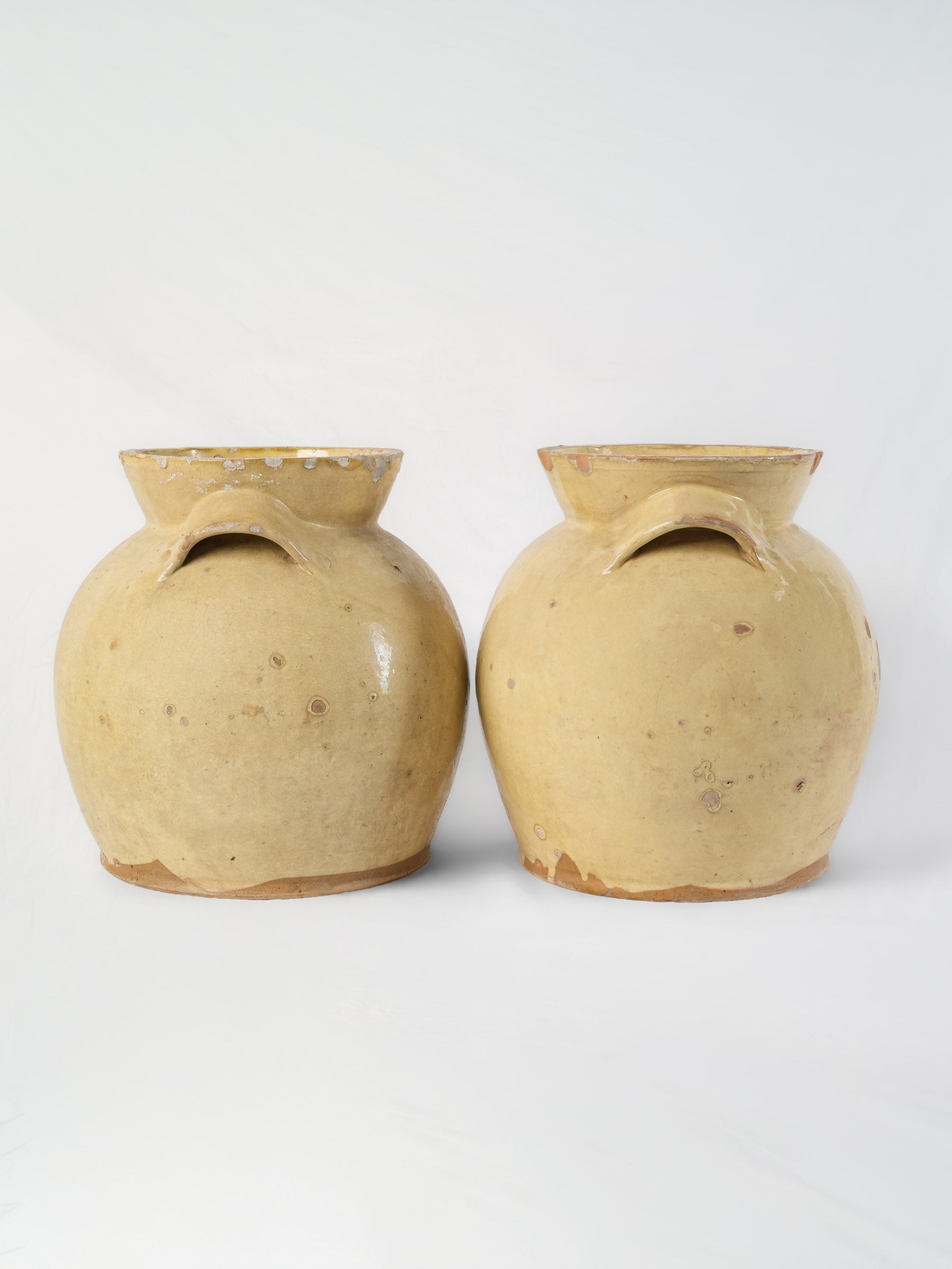 Rare pair of Large pale yellow glazed preserving crocks - 12½" x 11"