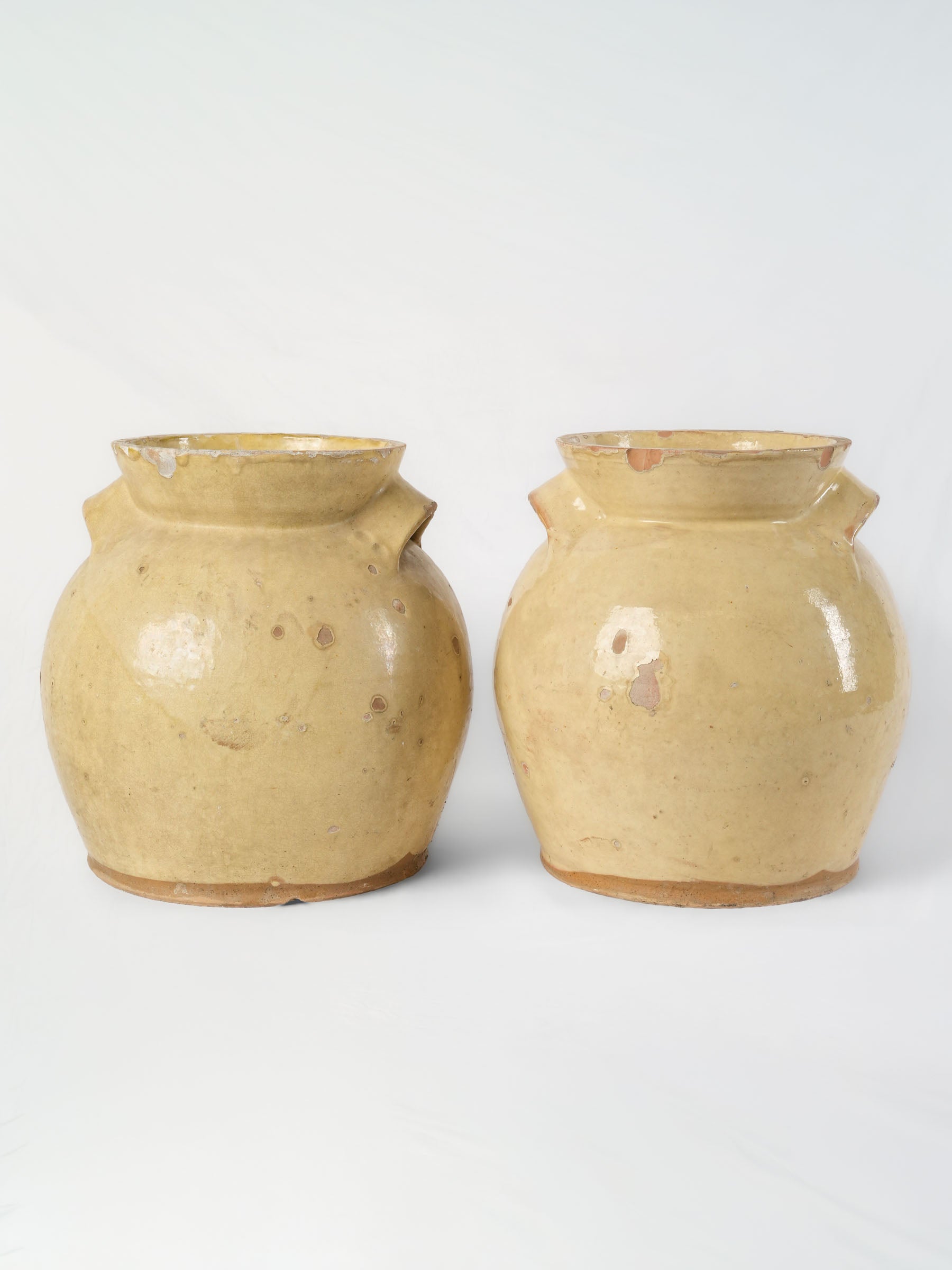 Rare pair of Large pale yellow glazed preserving crocks - 12½" x 11"