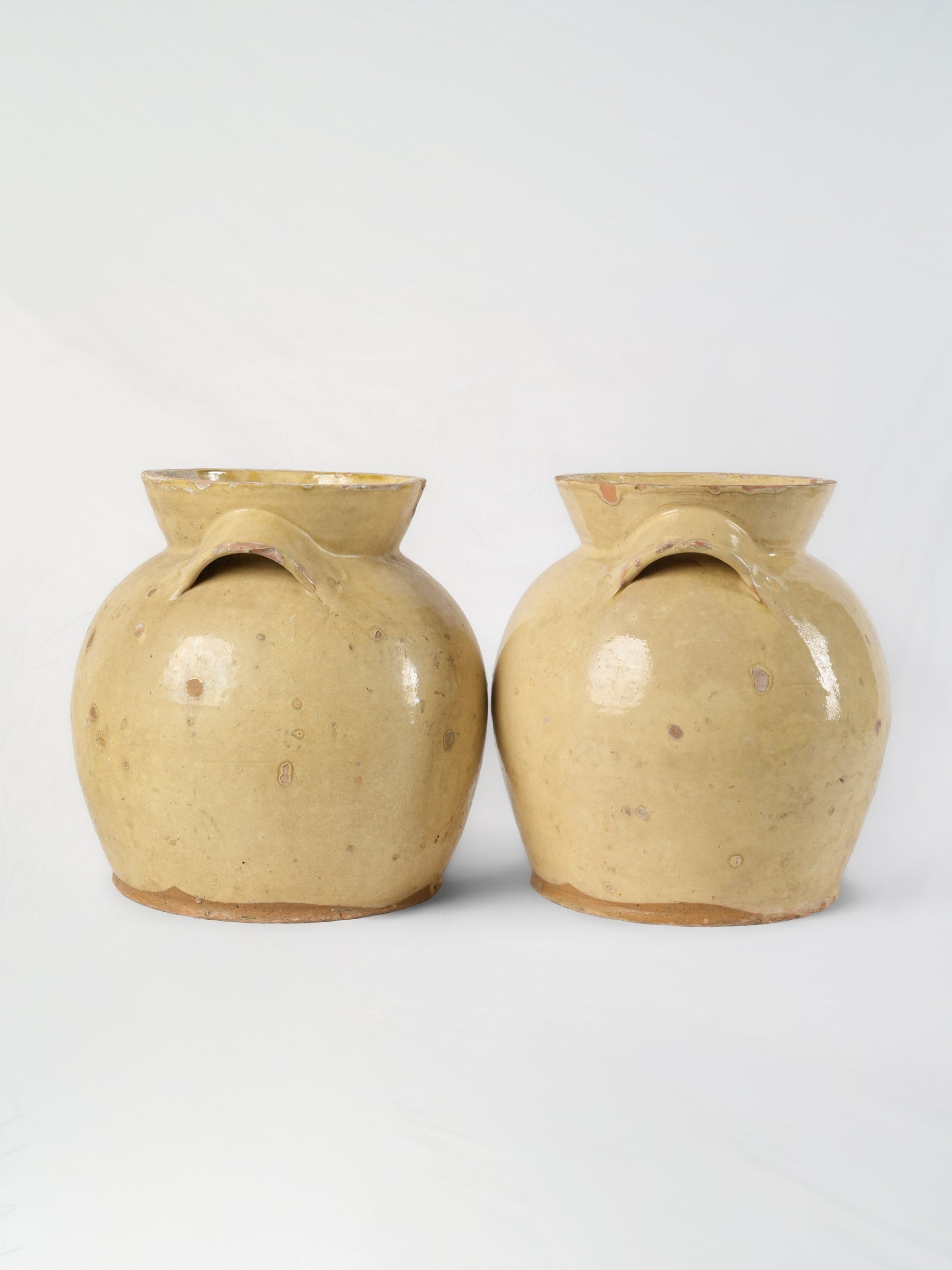 Rare pair of Large pale yellow glazed preserving crocks - 12½" x 11"