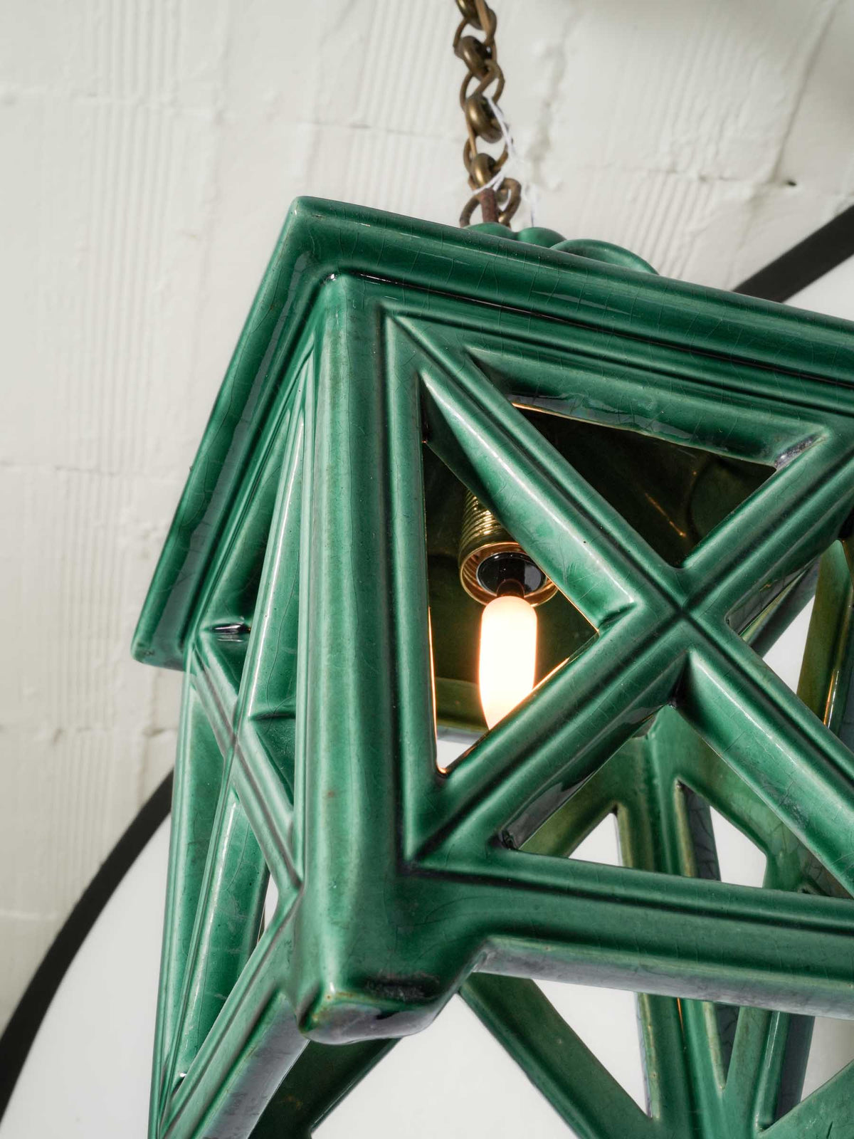 Vintage French Green-Glazed Ceramic Pendant Light - 22" x 6¼"