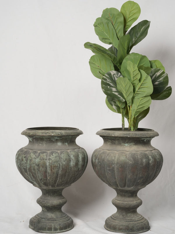 Antique pair of gadrooned bronze Medici urns 21¾"
