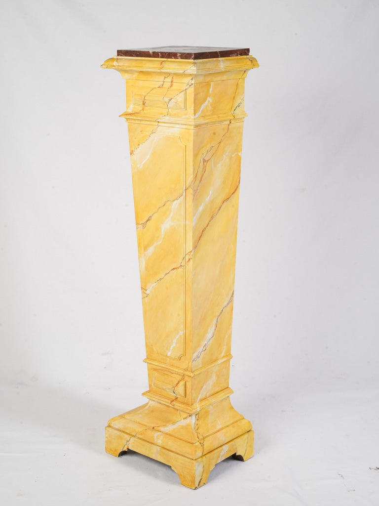 Bold Yellow Faux Marble Painted Wood Pedestal w/ Griotte Red Marble Top - 41"