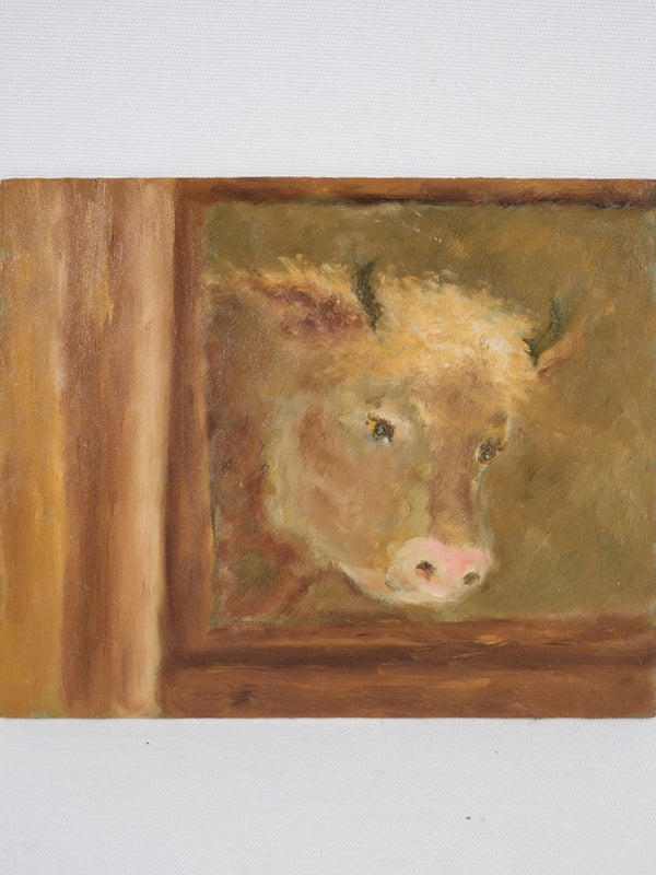 Aged, rustic cow portrait painting