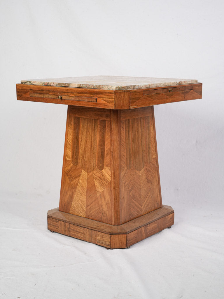 Elegant Art Deco Marquetry Side Table w/ Marble Top - 26" x 23¾"