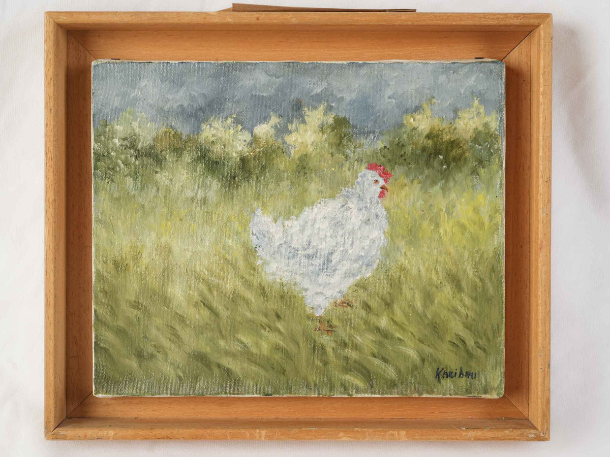 Small Contemporary Oil Painting of a White Hen by Karibou - 11" x 13"