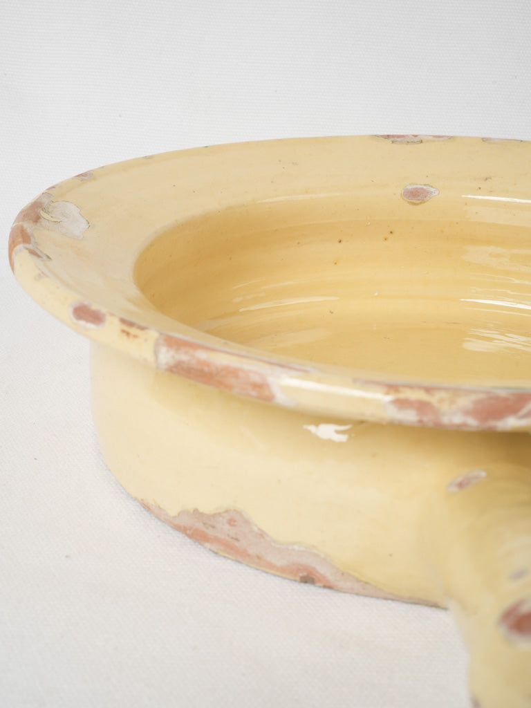 Antique, French, broad-rimmed, yellow, pottery, chamber pot