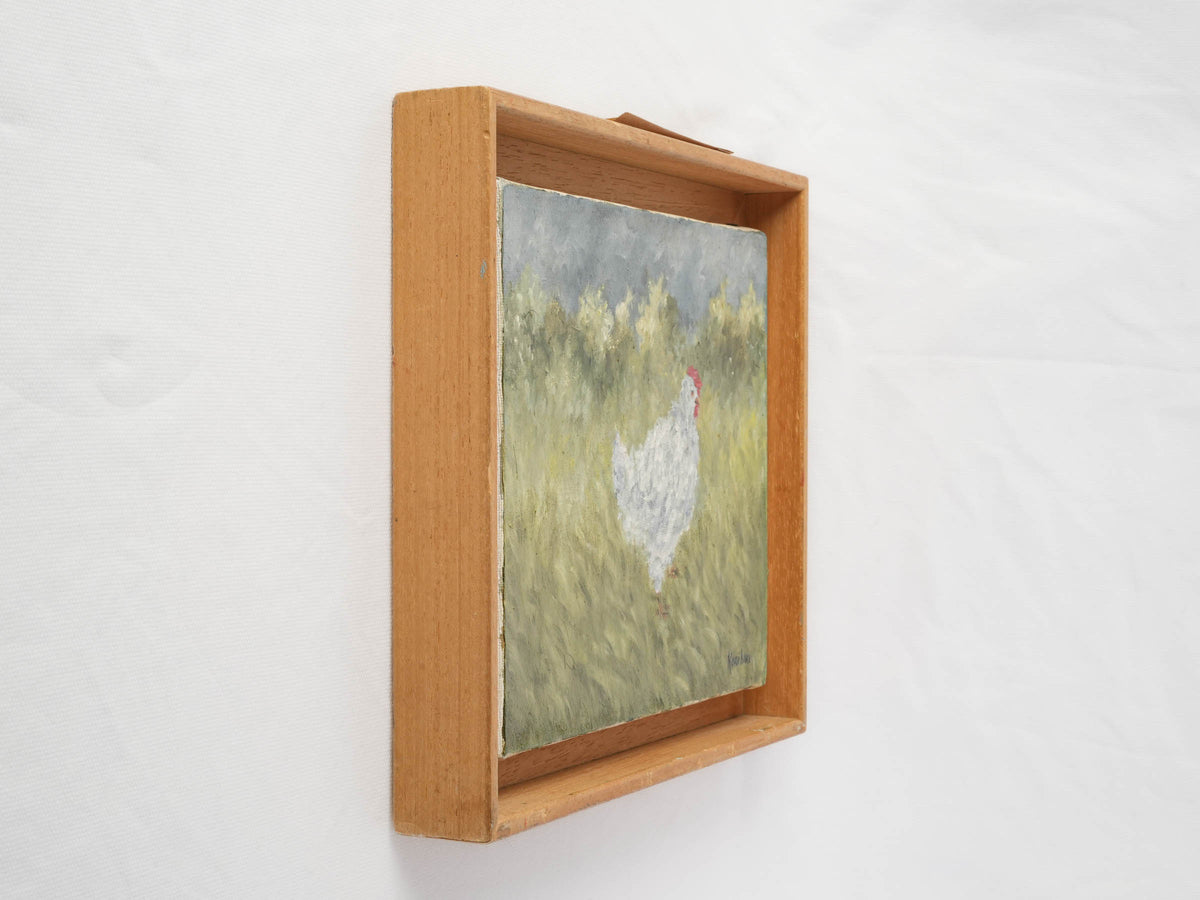Small Contemporary Oil Painting of a White Hen by Karibou - 11" x 13"
