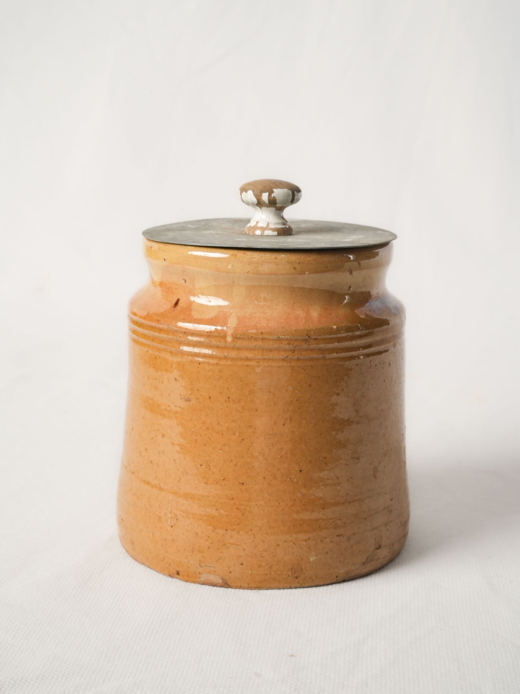 Antique French terracotta jam pot, ochre glaze w/ lid - 6¼"
