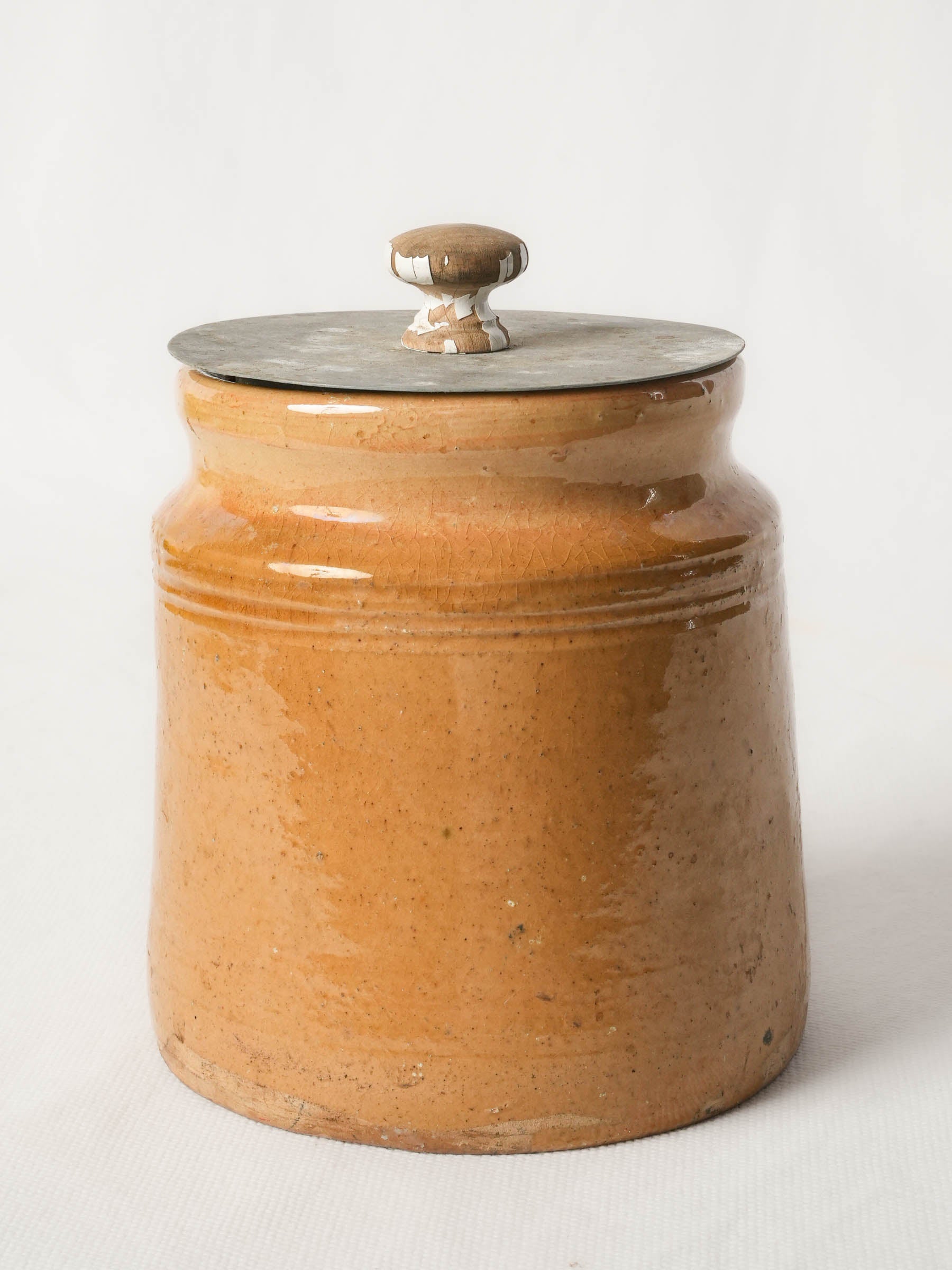 Antique French terracotta jam pot, ochre glaze w/ lid - 6¼"