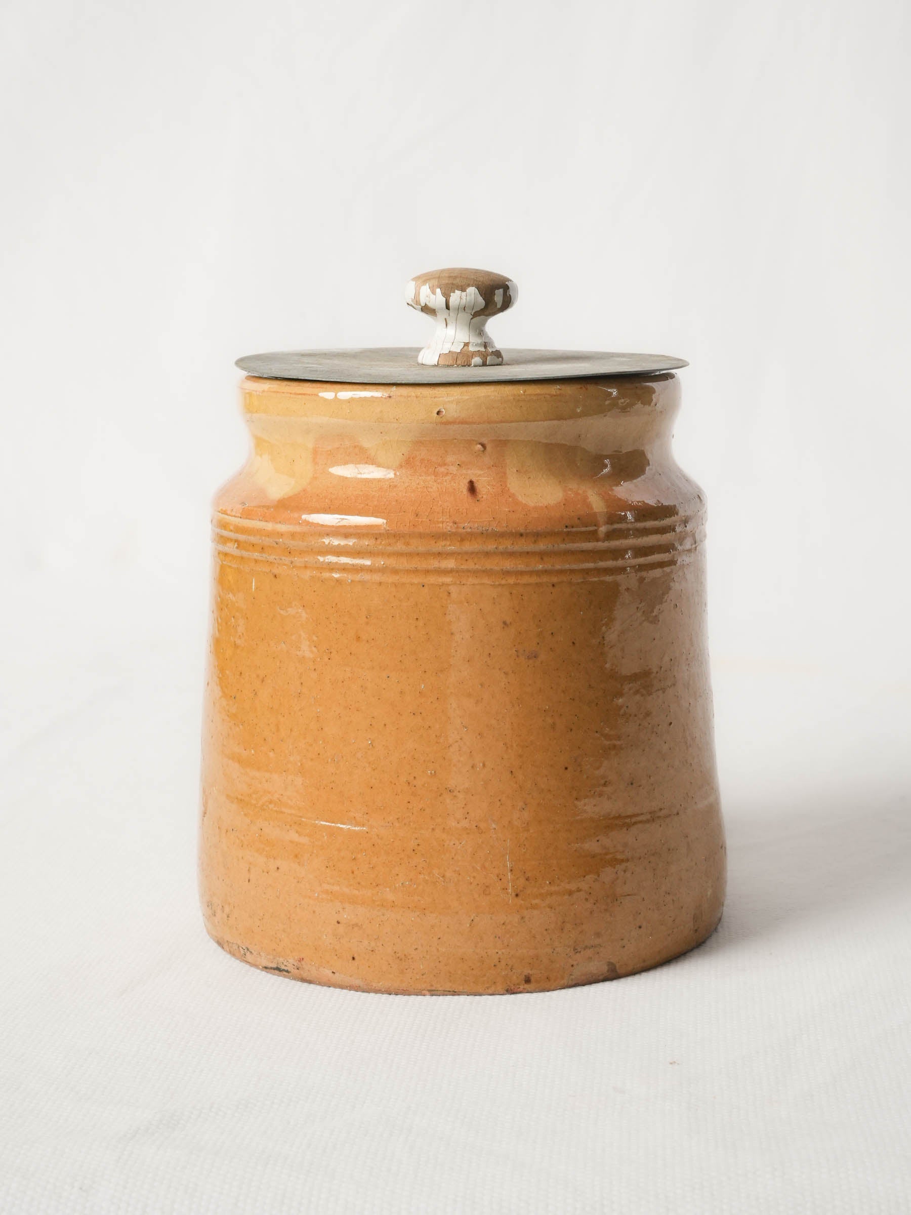 Antique French terracotta jam pot, ochre glaze w/ lid - 6¼"