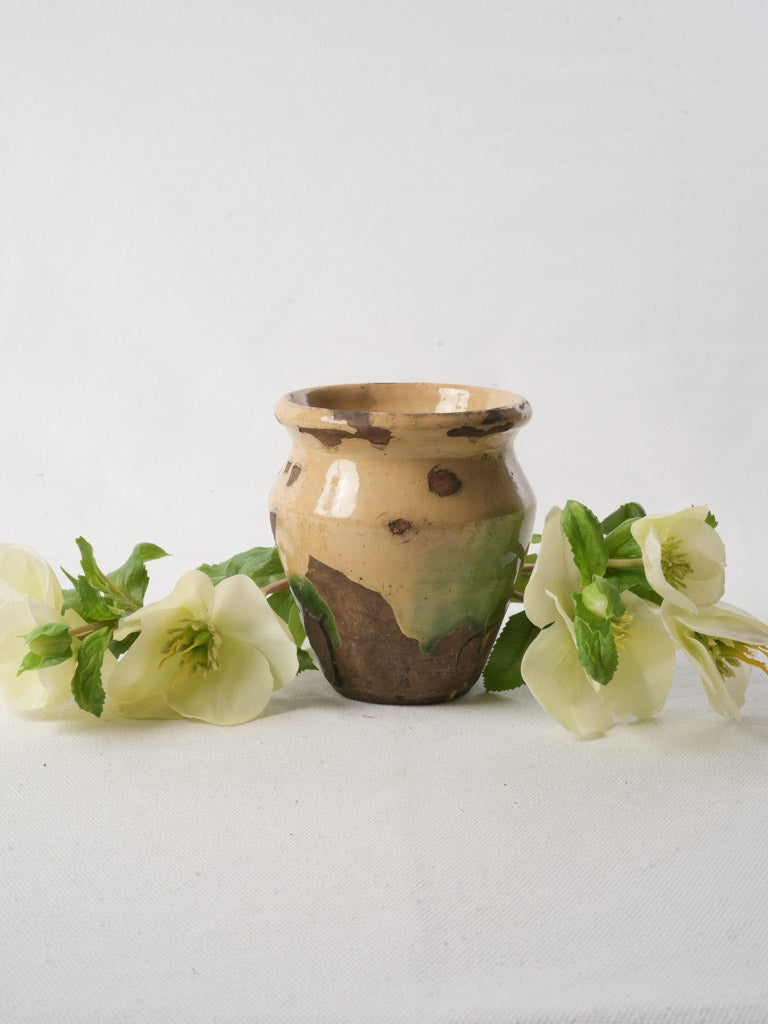 Petite Antique French Ceramic Pot W/ Beige And Green Glaze - 4¾"