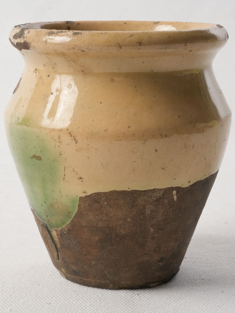 Petite Antique French Ceramic Pot W/ Beige And Green Glaze - 4¾"