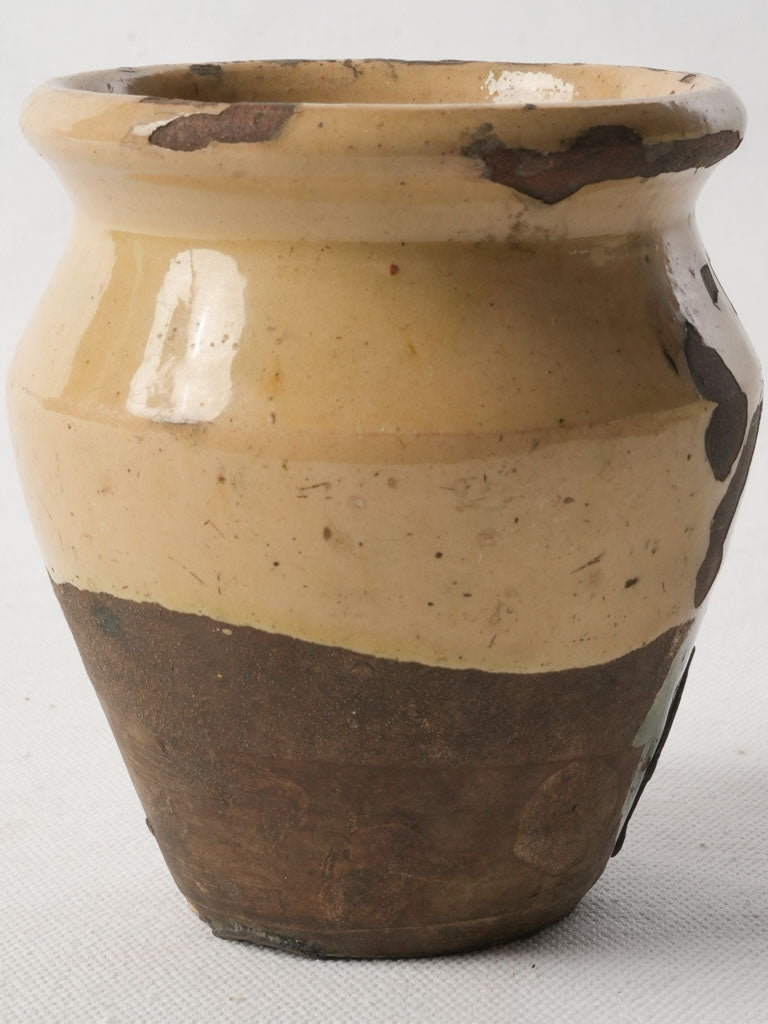 Petite Antique French Ceramic Pot W/ Beige And Green Glaze - 4¾"