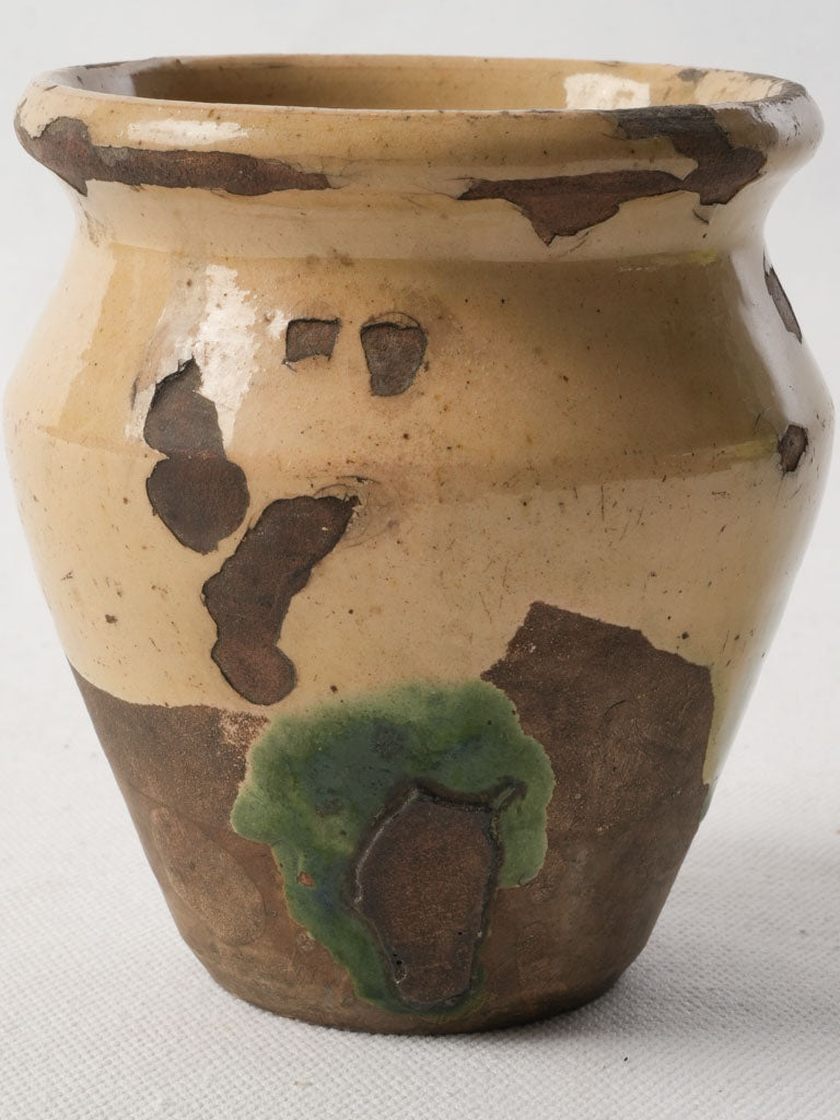 Petite Antique French Ceramic Pot W/ Beige And Green Glaze - 4¾"
