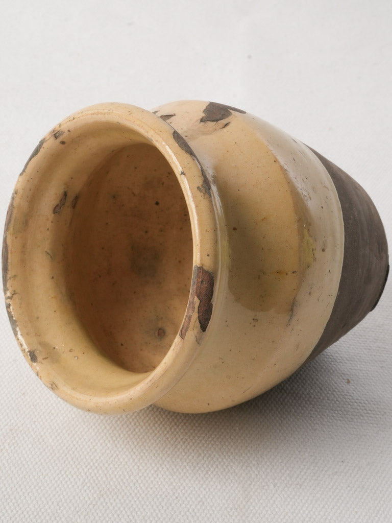 Petite Antique French Ceramic Pot W/ Beige And Green Glaze - 4¾"