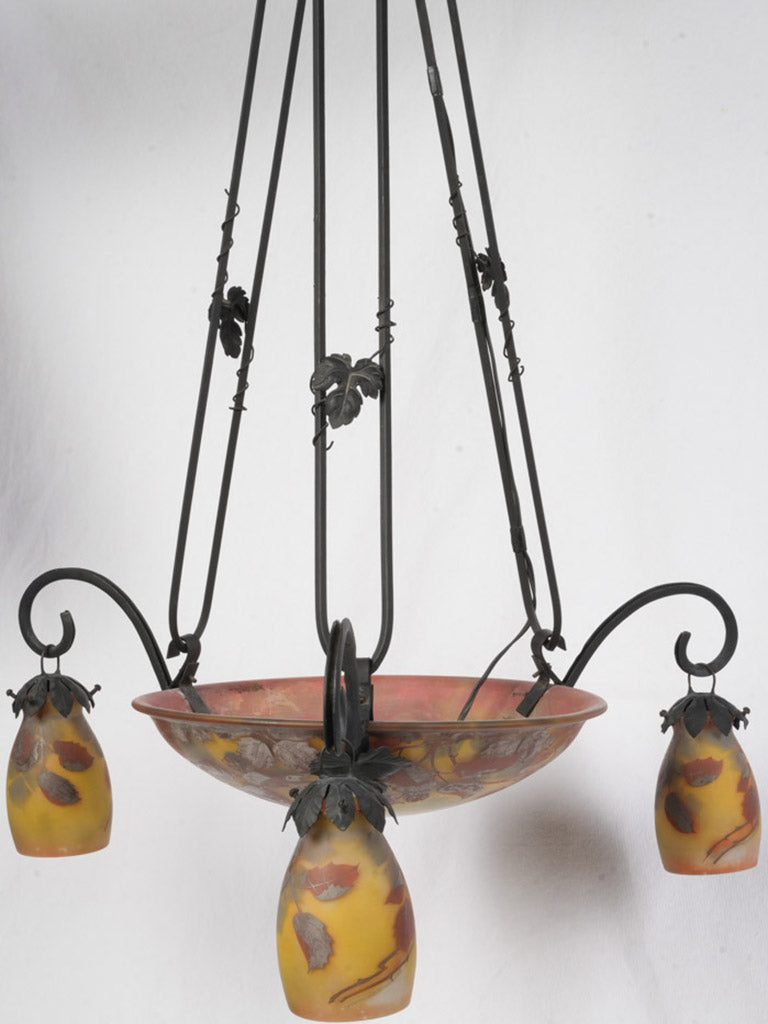 Art Nouveau Wrought Iron and Glass Chandelier Signed Reynaud - 34¾"