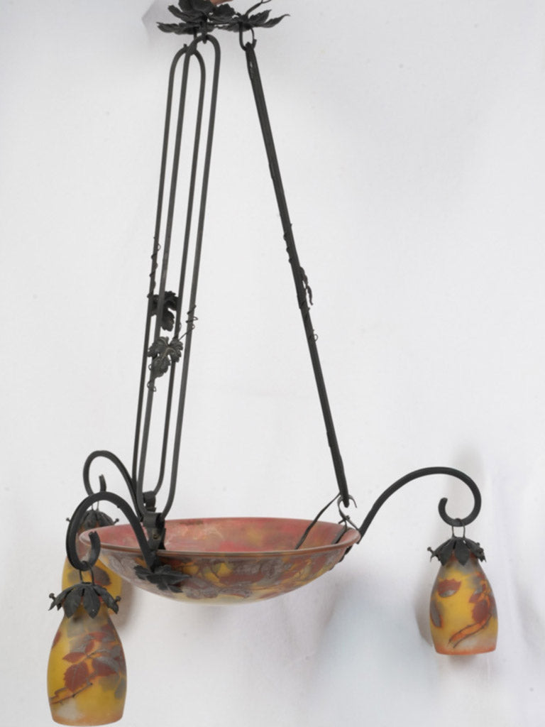 Art Nouveau Wrought Iron and Glass Chandelier Signed Reynaud - 34¾"