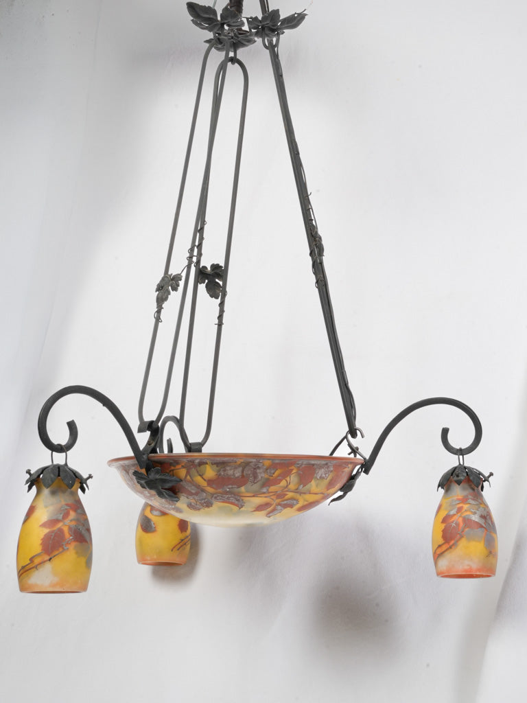 Art Nouveau Wrought Iron and Glass Chandelier Signed Reynaud - 34¾"