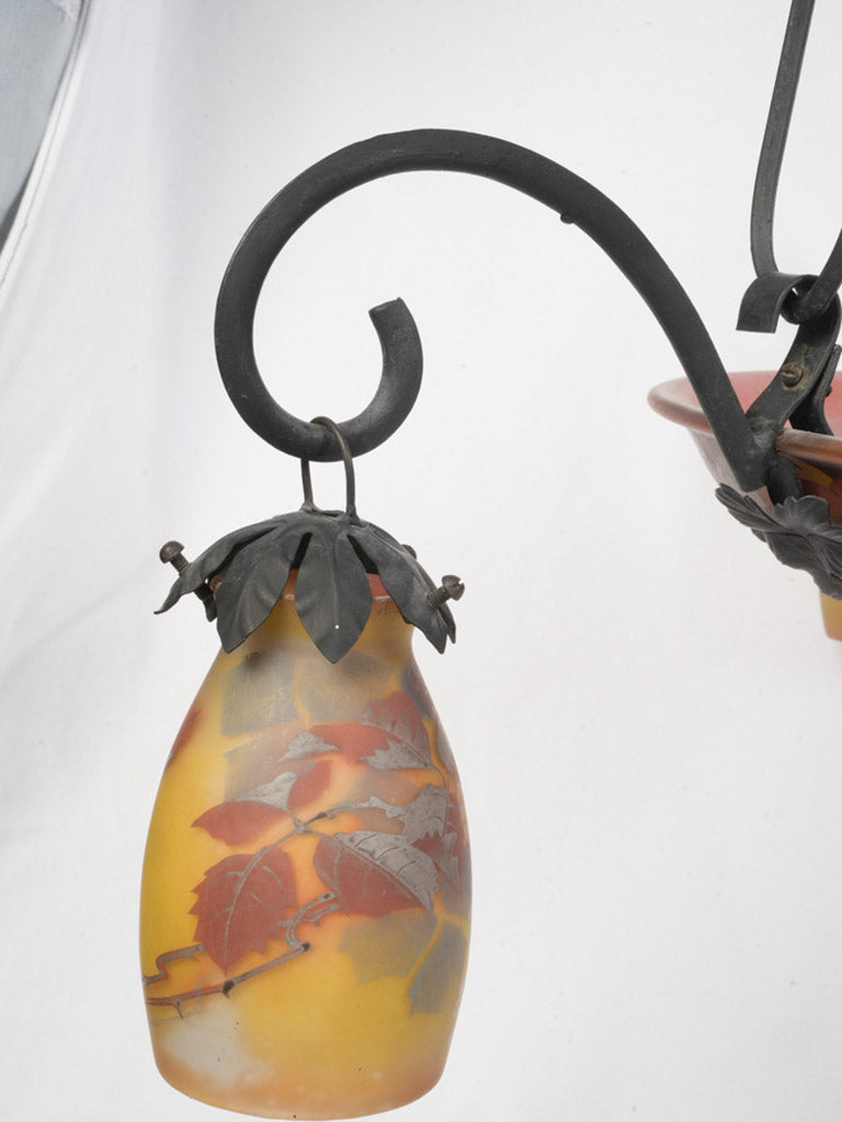 Art Nouveau Wrought Iron and Glass Chandelier Signed Reynaud - 34¾"