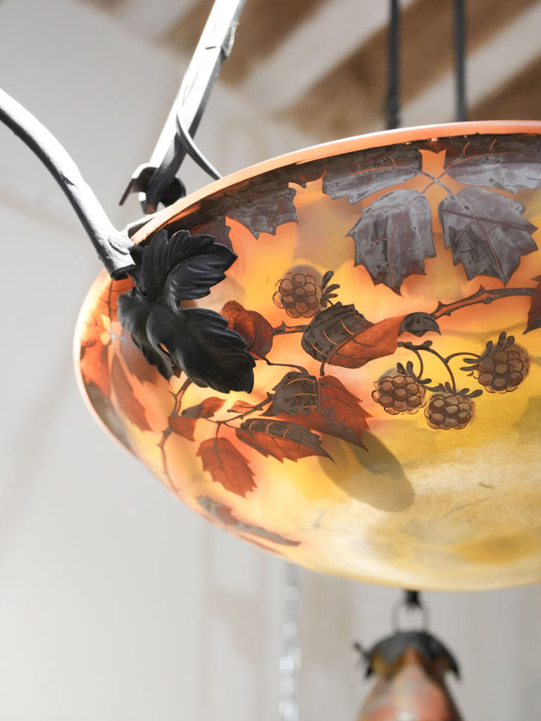 Art Nouveau Wrought Iron and Glass Chandelier Signed Reynaud - 34¾"