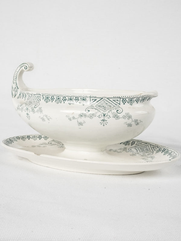 Empire-style antique French porcelain Luneville sauce boat w/ green motifs 5½"