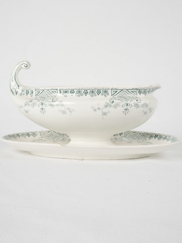Empire-style antique French porcelain Luneville sauce boat w/ green motifs 5½"