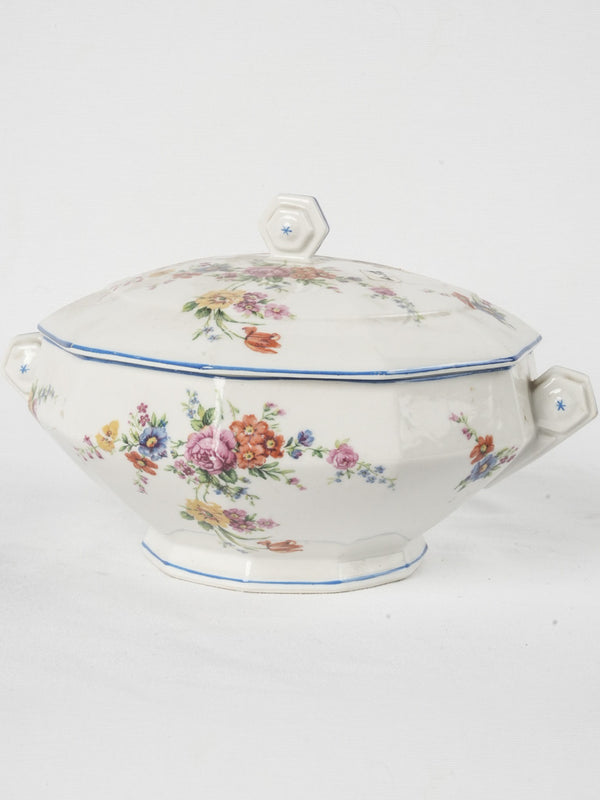 1940s French porcelain octagonal tureen "soupière" w/ floral motifs & blue rim 8¼"