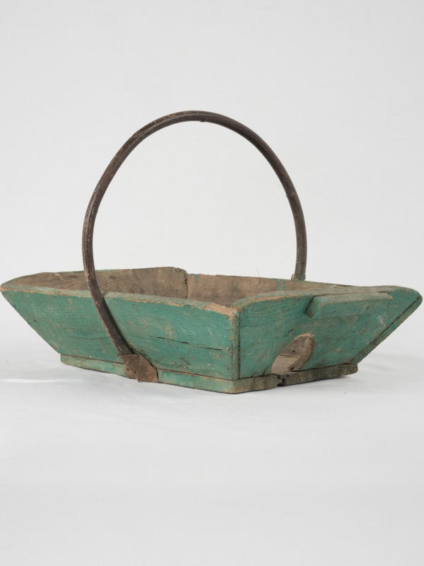 19th-century French wooden garden trug w/ handle - green 11¾"