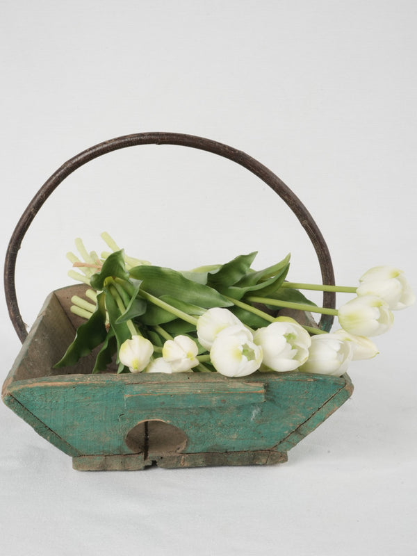 19th-century French wooden garden trug w/ handle - green 11¾"