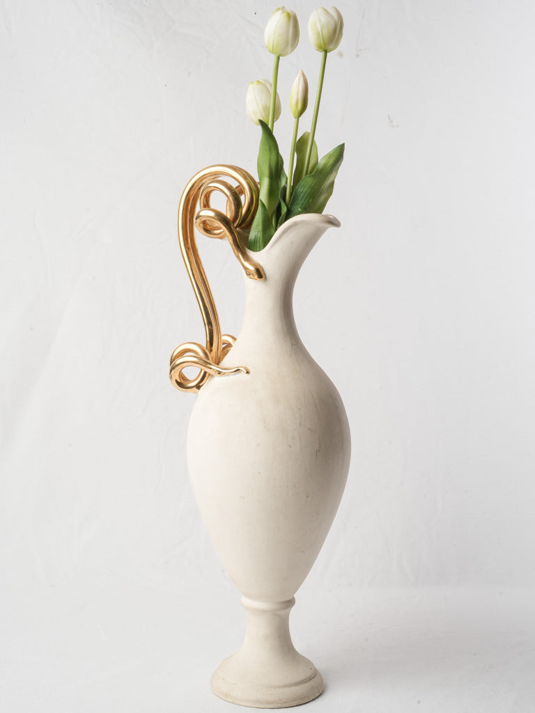 French Mid-20th Century Terracotta Ewer Vase w/ Gilt Serpent Handle - 22"