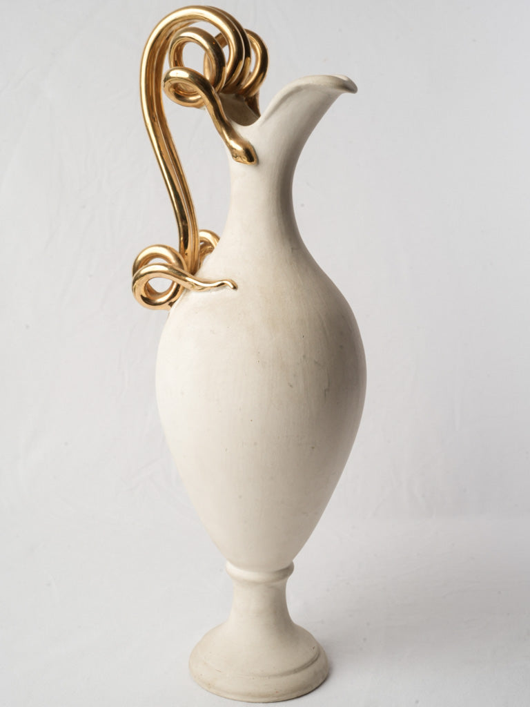 French Mid-20th Century Terracotta Ewer Vase w/ Gilt Serpent Handle - 22"