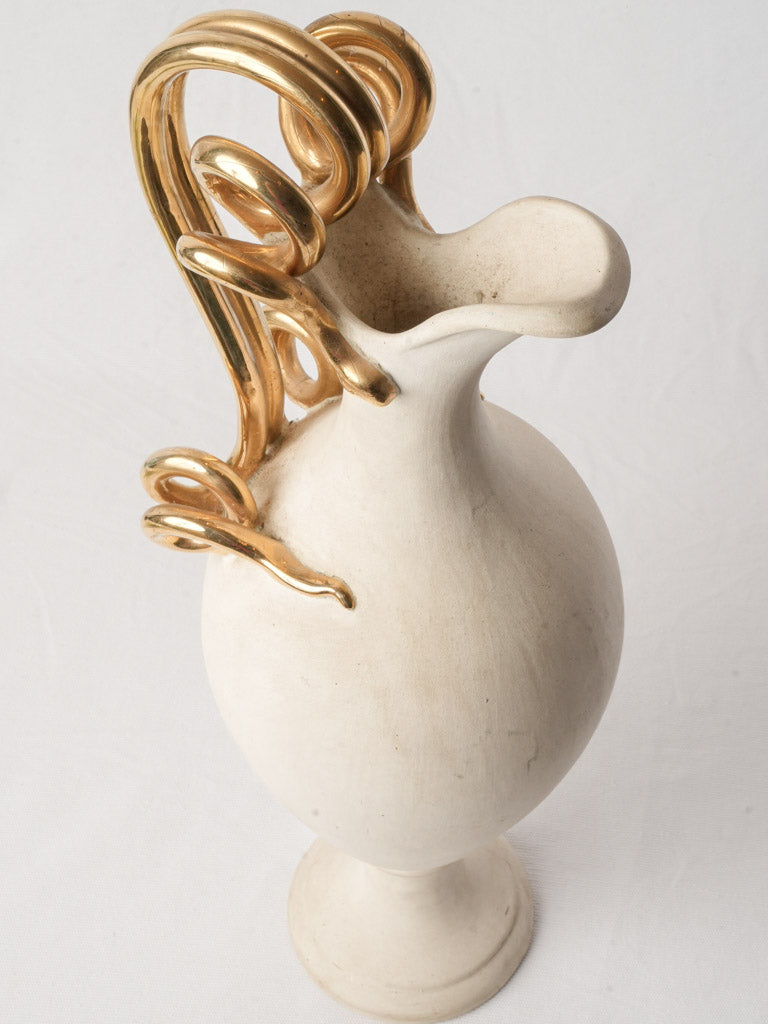French Mid-20th Century Terracotta Ewer Vase w/ Gilt Serpent Handle - 22"