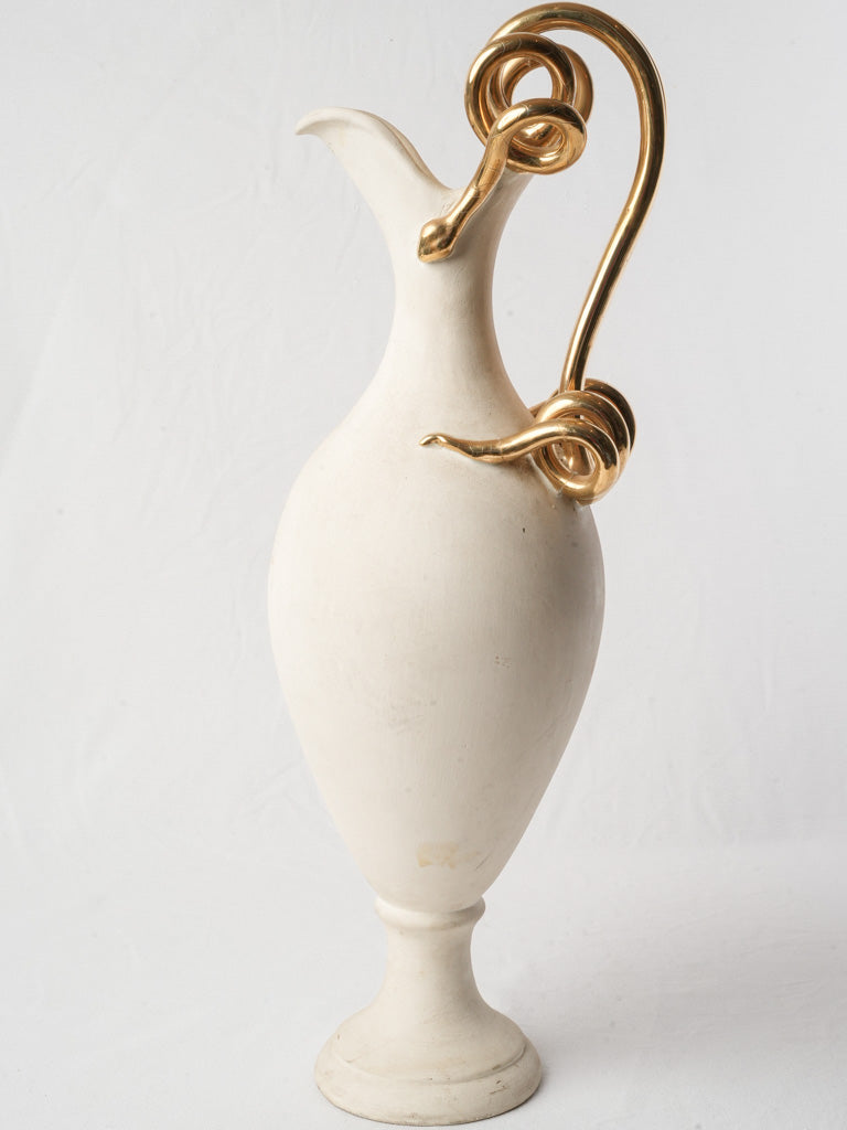 French Mid-20th Century Terracotta Ewer Vase w/ Gilt Serpent Handle - 22"