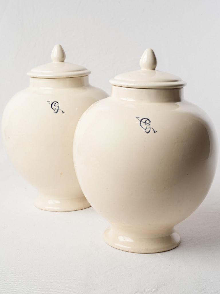 Pair of Early 20th-Century Italian White Glazed Jars w/ Blue Monogram - 13½"