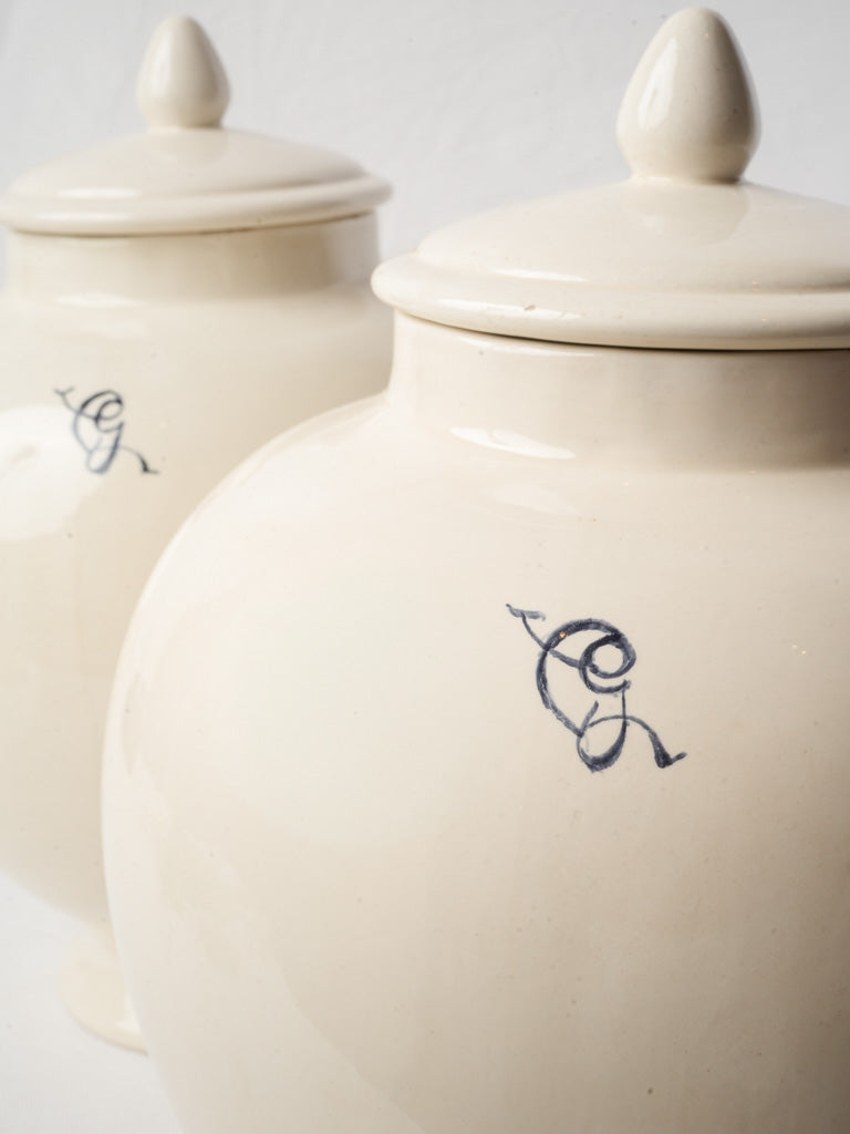 Pair of Early 20th-Century Italian White Glazed Jars w/ Blue Monogram - 13½"