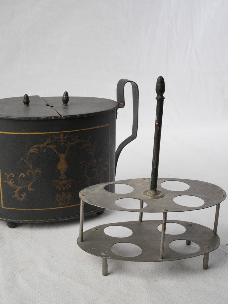 Patina-aged foliate-scroll egg rack  