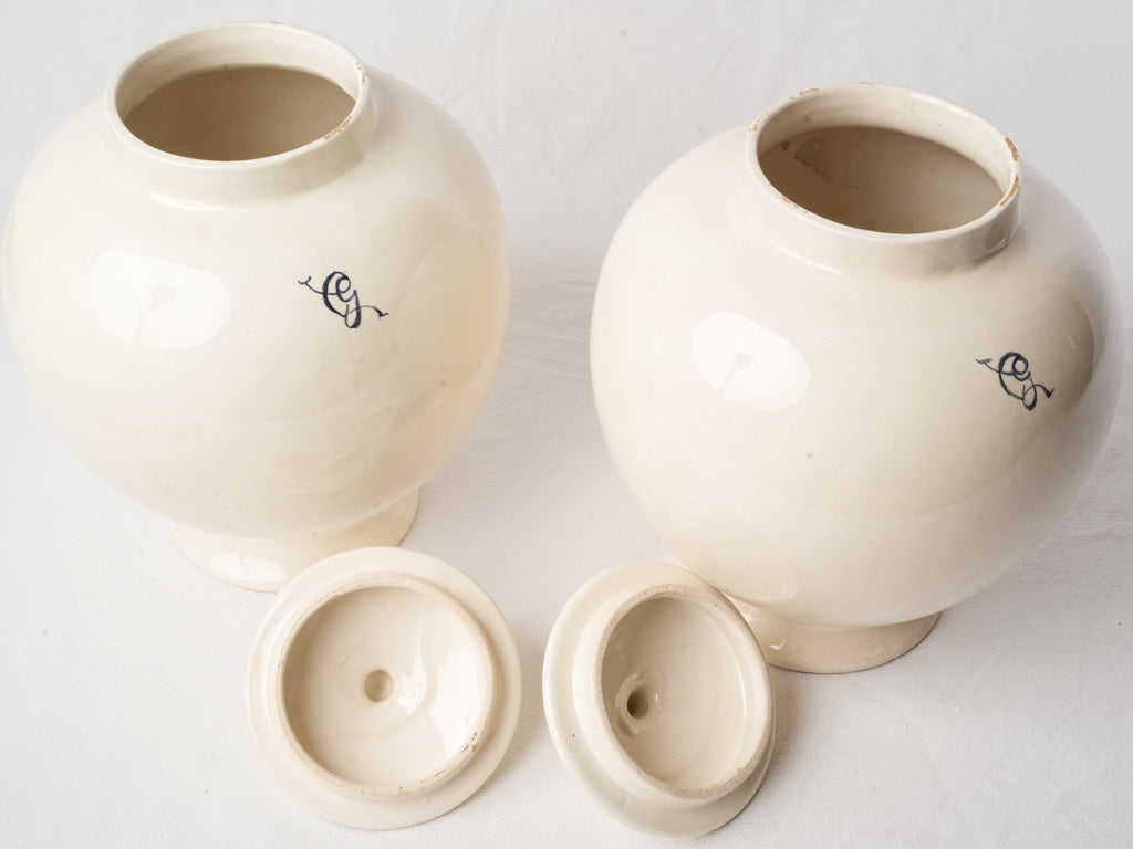 Pair of Early 20th-Century Italian White Glazed Jars w/ Blue Monogram - 13½"