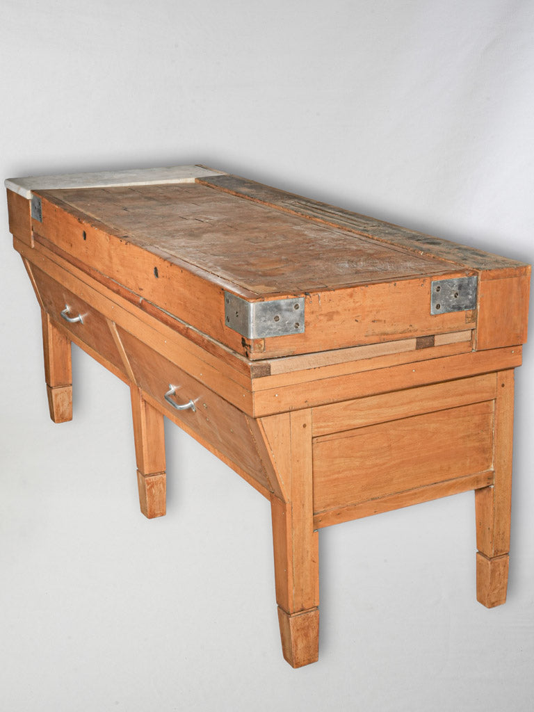 Large 1940s French Butcher’s Table with Marble & Metal Details - 78¾" x 30¼"