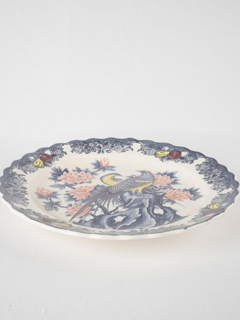 Large round vintage platter w/ birds - blue and pink 16½"