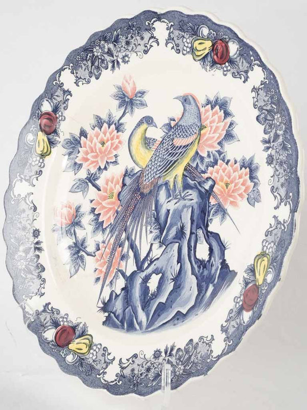Large round vintage platter w/ birds - blue and pink 16½"