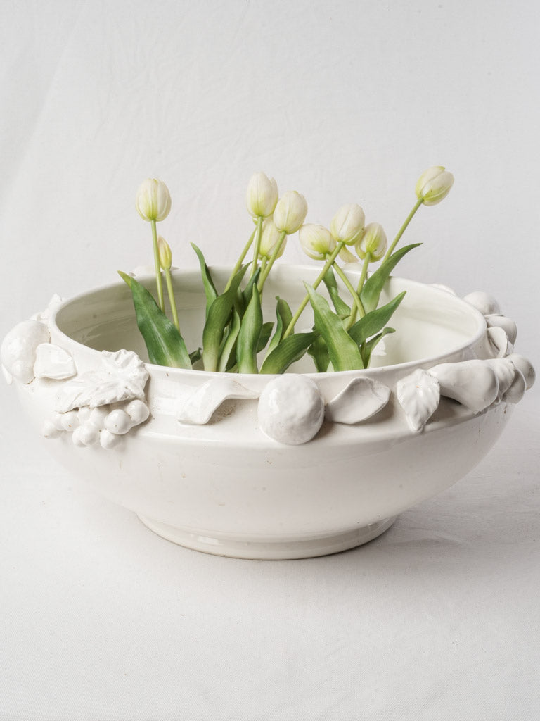 Large French White Faience Centerpiece Bowl w/ Fruit Decoration - 20"