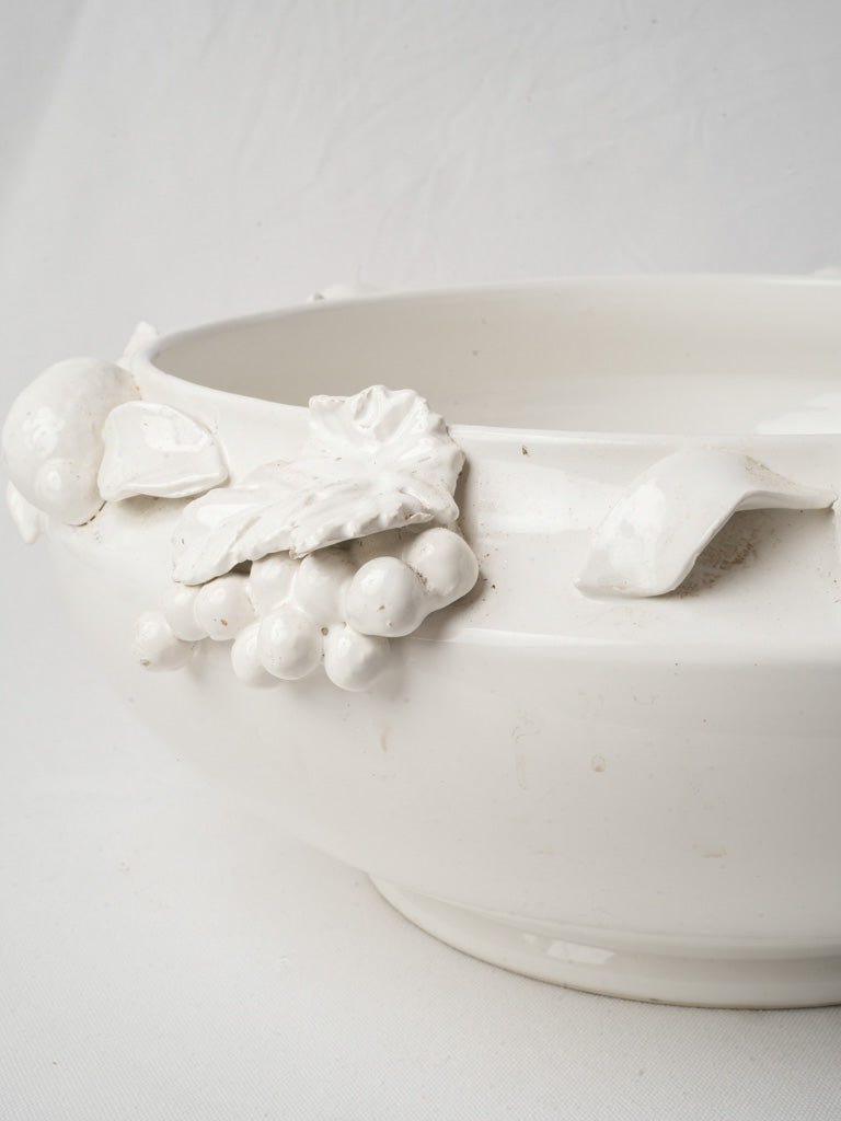 Large French White Faience Centerpiece Bowl w/ Fruit Decoration - 20"