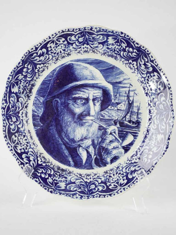 Blue & white Delft plate w/ bearded man smoking 13¾"